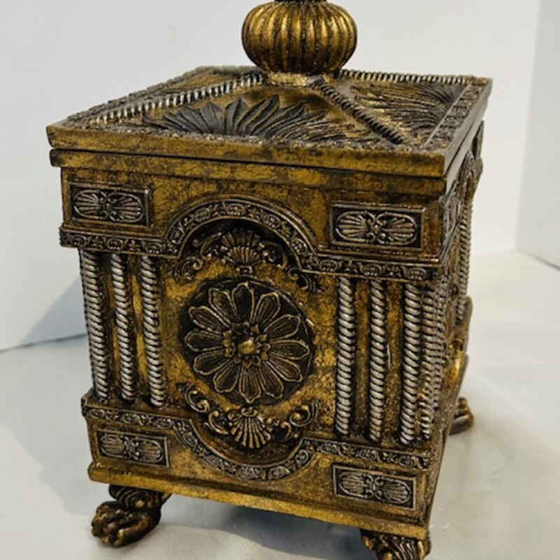 Footed Ornate Floral Box
 Gold, Size: 5x9H