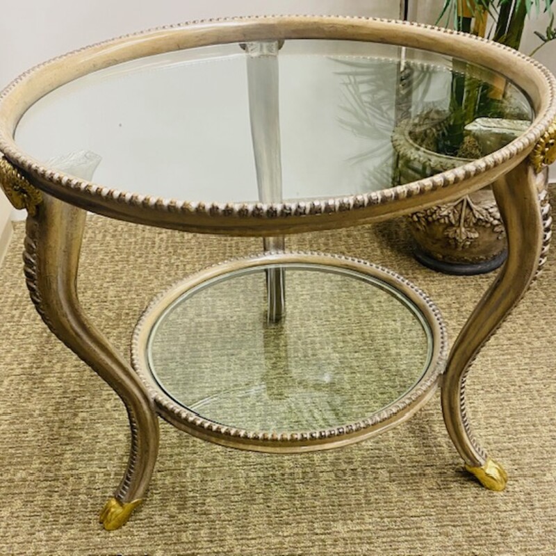 Rams Head Round Table
Taupe Wood with Clear Glass Top & Bottom
 Size: 30x26H
Retail $3K