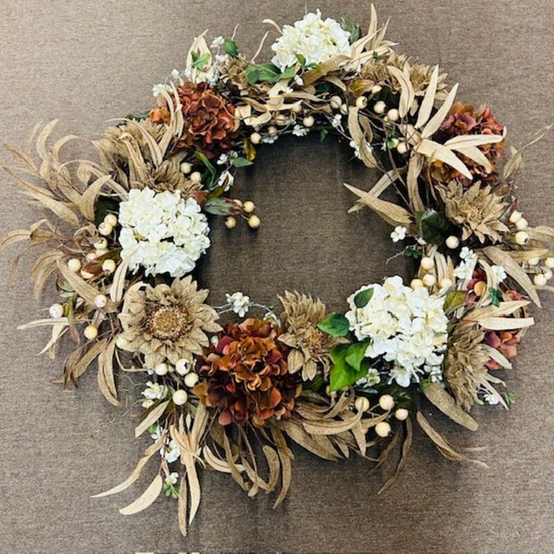 Large Fall Hydrangea Wreath
Brown Orange Tan Green Cream Size: 42 diameter