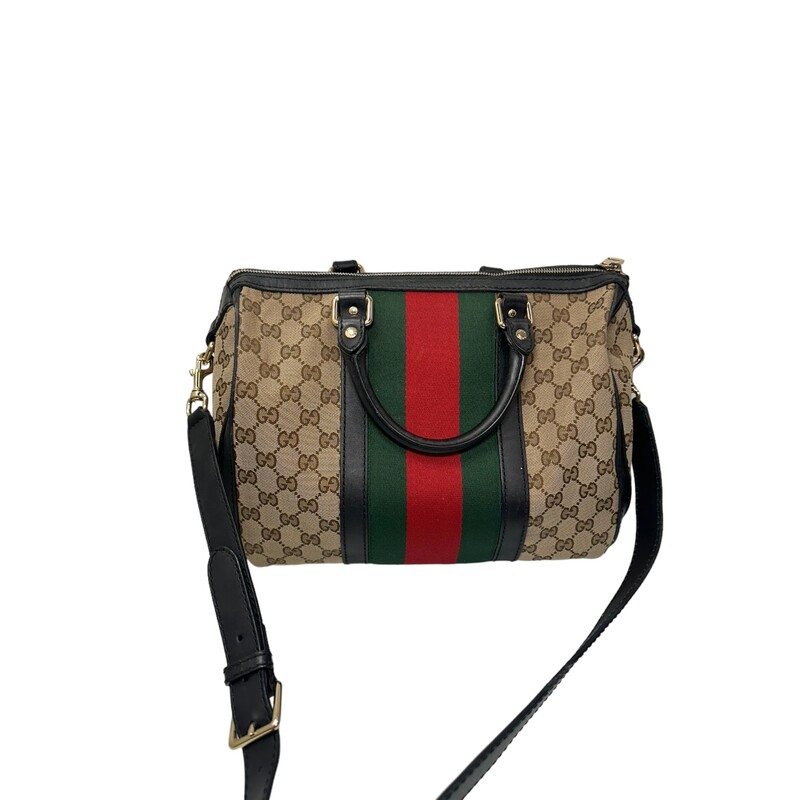 GUCCI Monogram Vintage Web Medium Boston in Dark Brown. This chic vintage style tote is finely crafted of Gucci GG monogram canvas, with a red and green web stripe detail at the center. The bag features rolled top handles, an optional shoulder strap, trim and light brass hardware. The top zipper opens the bag to a natural fiber interior with zipper and patch pockets.<br />
<br />
* Interior and coner wear<br />
Base length: 12.25 in<br />
Height: 8.50 in<br />
Width: 7.00 in<br />
Drop: 4.00 in<br />
Drop: 18.50 in<br />
<br />
Style Code: 247205