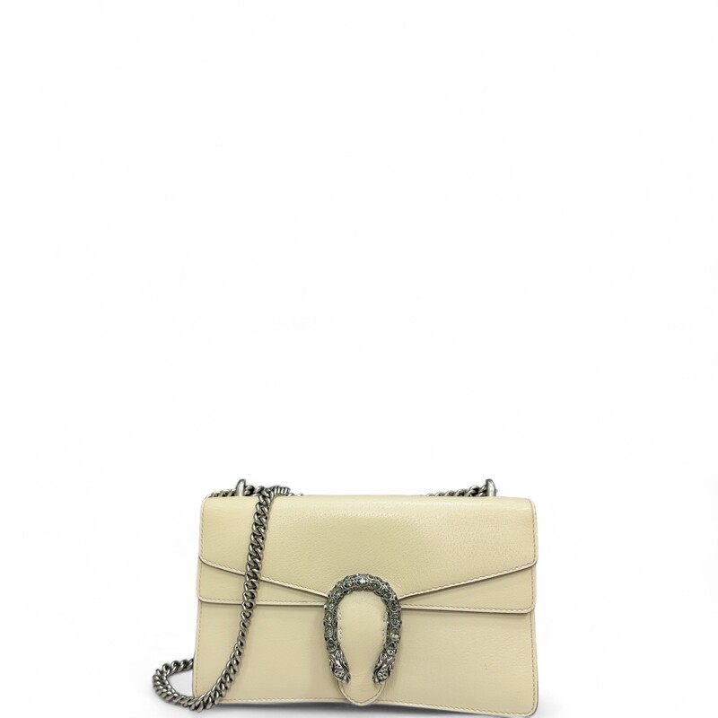 GUCCI Textured Calfskin Crystal Small Dionysus Shoulder Bag in Mystic White. This stylish bag is crafted of textured calfskin leather in white. This shoulder bag features an aged silver chain shoulder strap, and a textured horseshoe closure with lion heads at the end. This opens to a beige fabric interior with a central zipper pocket.

* Some Sratches on the leather and interior wear and stains.

Dimensions:
Base length: 10.75 in
Height: 6.75 in
Width: 3.75 in
Drop: 9.00 in
Drop: 15.00 in

Style Code: 400429