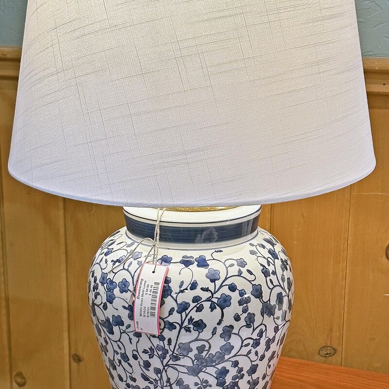 Blue and White Asian Motif Lamp
28 n Tall x 13 In Round (Shade)