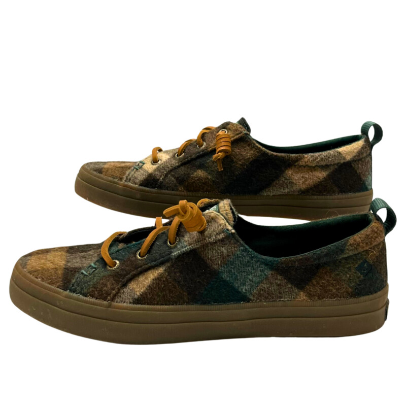 Sperry Crest Vibe Plaid Shoes<br />
Wool Blend<br />
Adorable Plaid pattern<br />
Tan, Brown, Forest Green<br />
Size: 6.5