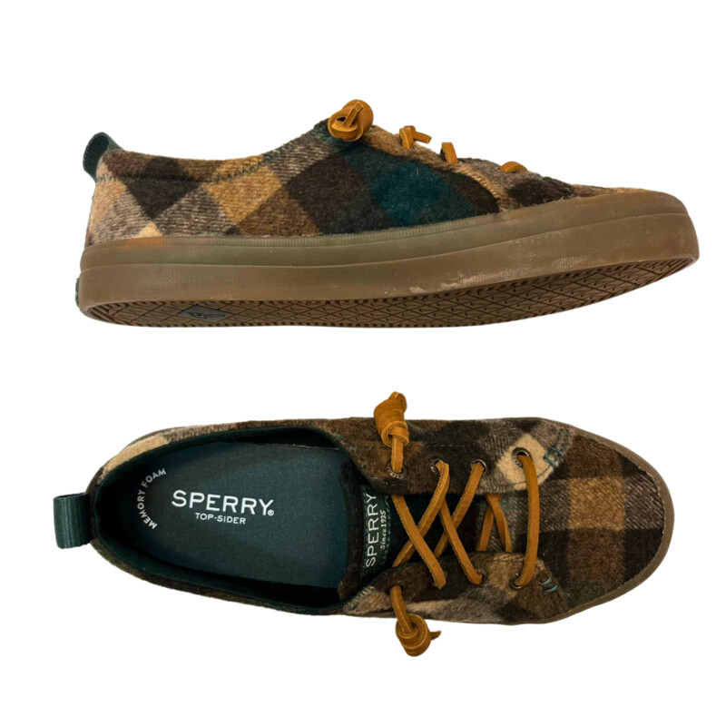 Sperry Crest Vibe Plaid Shoes<br />
Wool Blend<br />
Adorable Plaid pattern<br />
Tan, Brown, Forest Green<br />
Size: 6.5