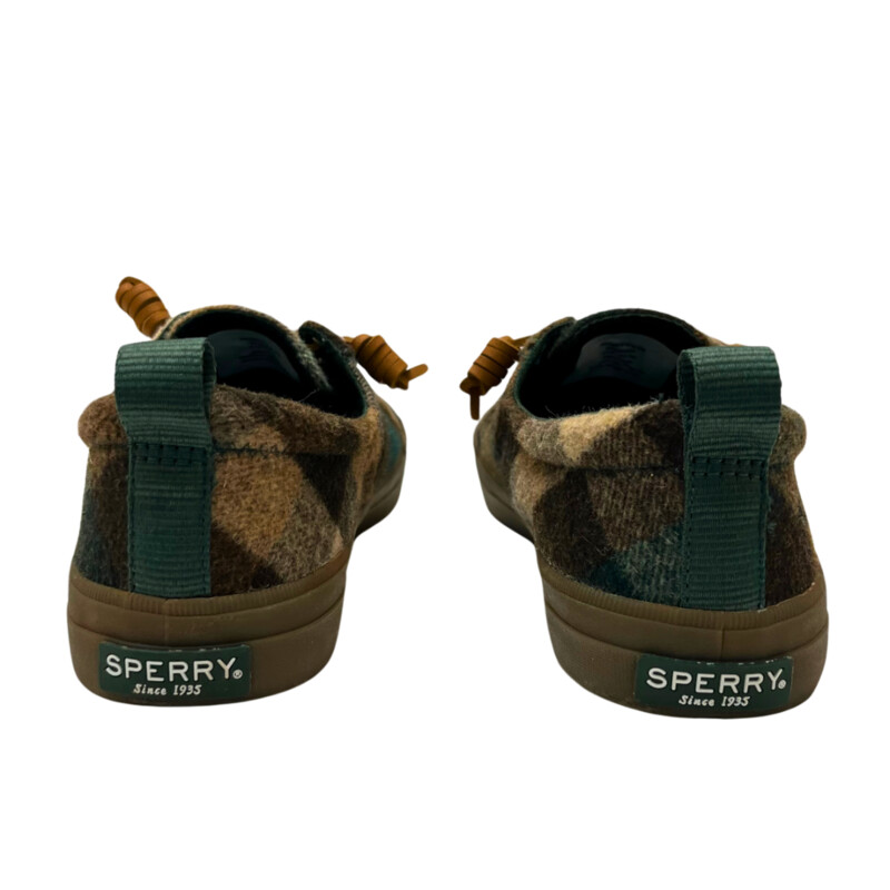 Sperry Crest Vibe Plaid Shoes<br />
Wool Blend<br />
Adorable Plaid pattern<br />
Tan, Brown, Forest Green<br />
Size: 6.5