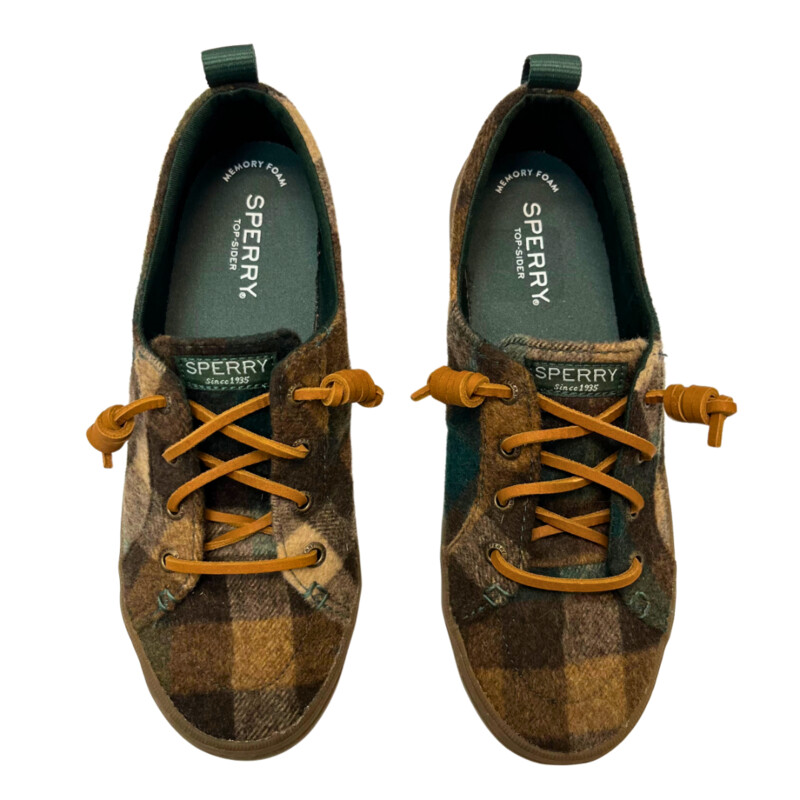 Sperry Crest Vibe Plaid Shoes<br />
Wool Blend<br />
Adorable Plaid pattern<br />
Tan, Brown, Forest Green<br />
Size: 6.5