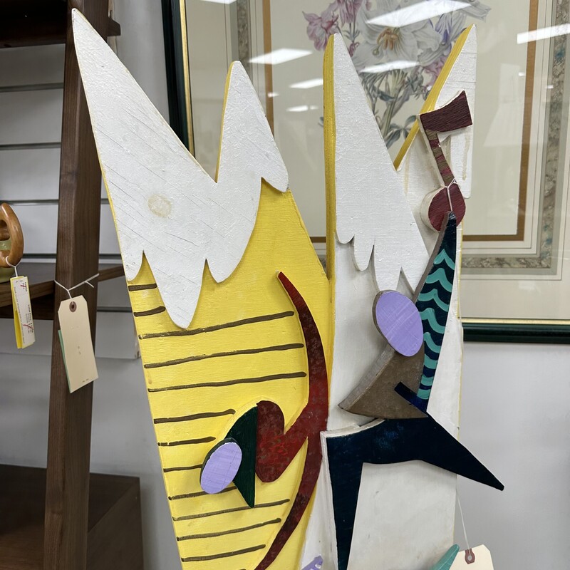 Michael DePierro Multicolored Sculpture, Hand Painted with Abstract Images of People/Scenes. Tall!<br />
Size: 16x23x50