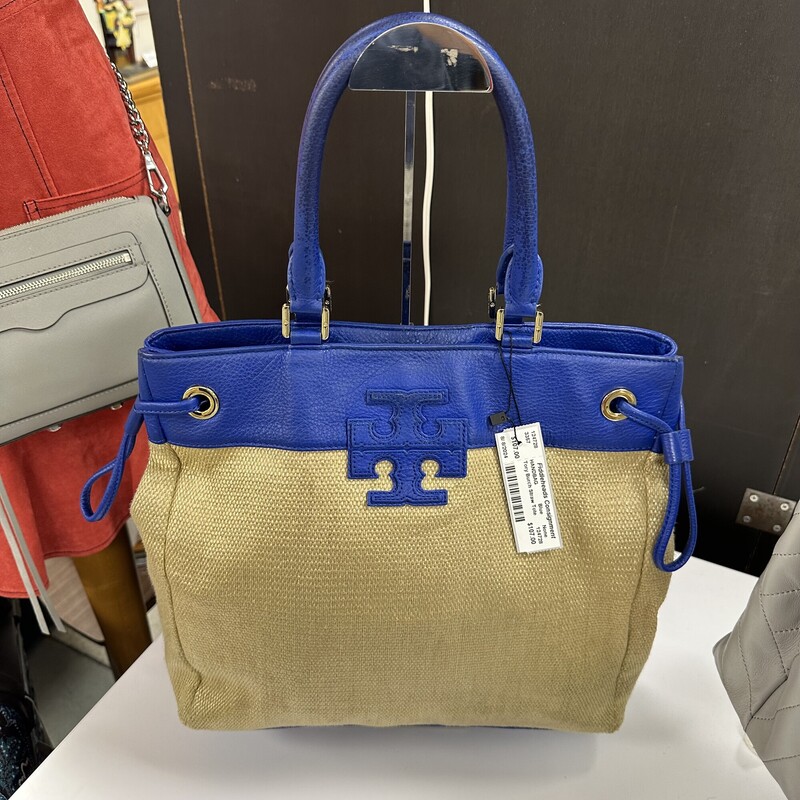 Tory Burch Straw Tote, Tan and Blue Leather
Size: 14x13