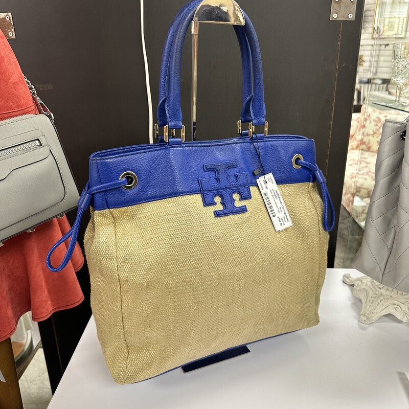 Tory Burch Straw Tote, Tan and Blue Leather
Size: 14x13