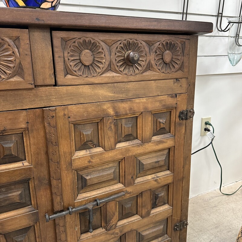 Antique Hand-Carved Cabinet, Bronze Hardware. A stunning and incredibly detailed piece!
Size: 43x13x38