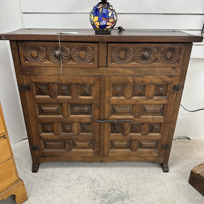 Antique Hand-Carved Cabinet, Bronze Hardware. A stunning and incredibly detailed piece!<br />
Size: 43x13x38