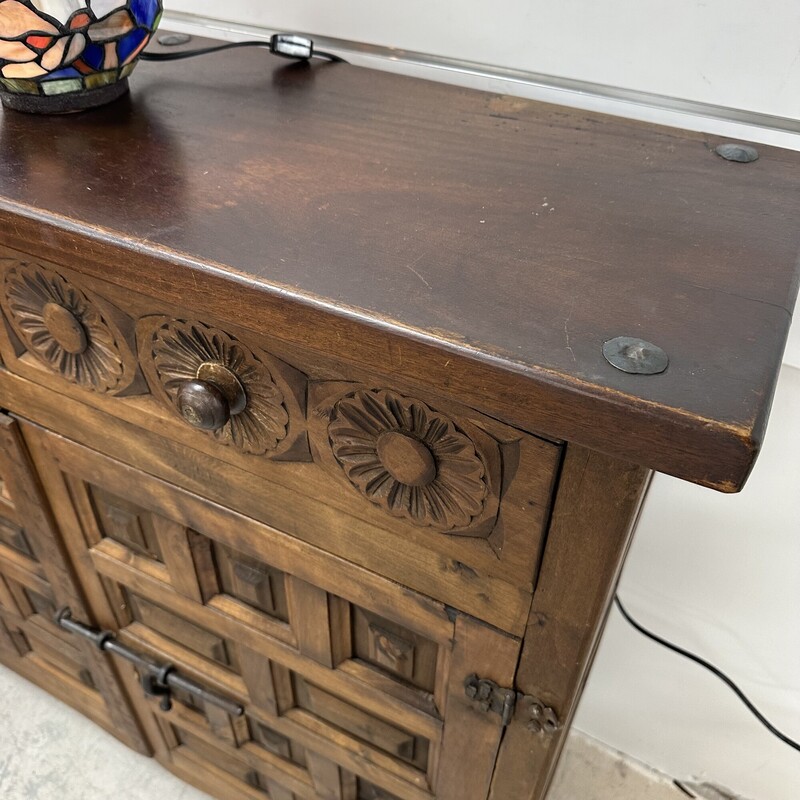 Antique Hand-Carved Cabinet, Bronze Hardware. A stunning and incredibly detailed piece!<br />
Size: 43x13x38