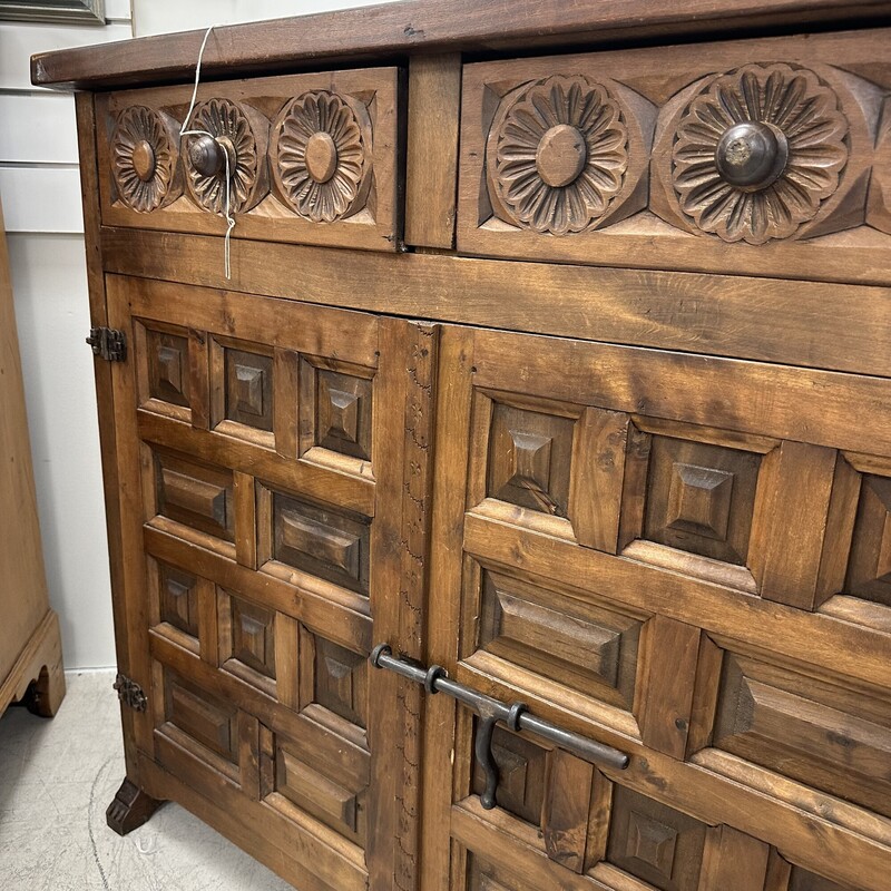 Antique Hand-Carved Cabinet, Bronze Hardware. A stunning and incredibly detailed piece!<br />
Size: 43x13x38