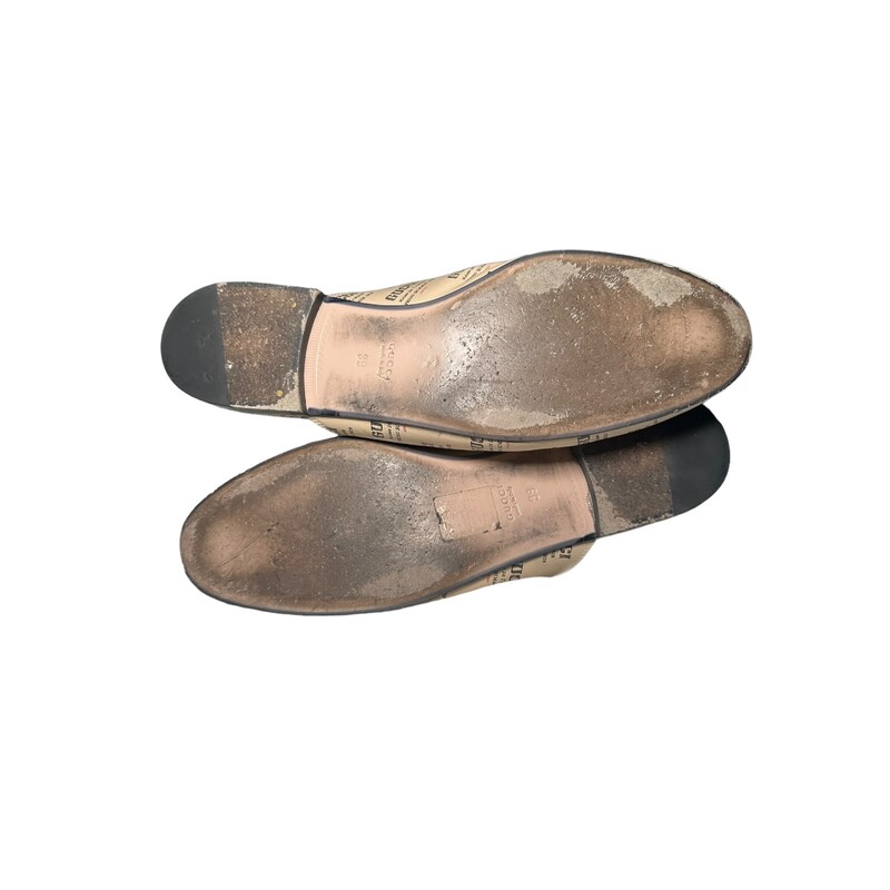 Gucci Newspaper Mules, Beige, Size: 39<br />
<br />
Style Code:505511<br />
<br />
Note Scuffing on the bottom and at the toe. Light crinkling on upper sole.