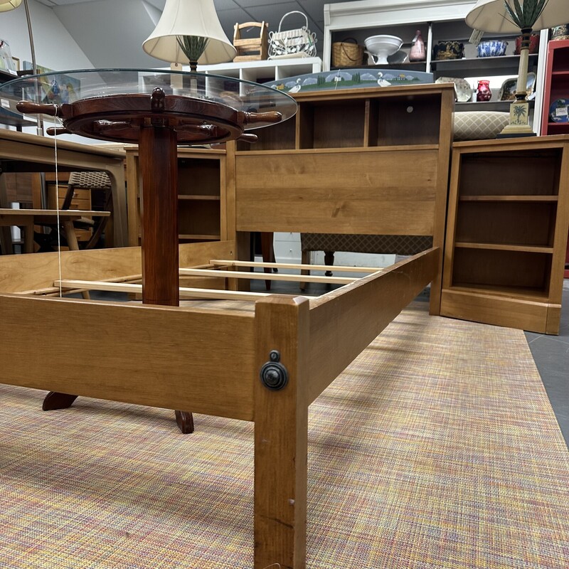 Ethan Allen Twin Size Bed, includes 2 Triangular End Tables. Sold as a set.<br />
Bed Frame Size: 88L x 43W x 43H<br />
Shelves Size: 18L x 18W x 30H