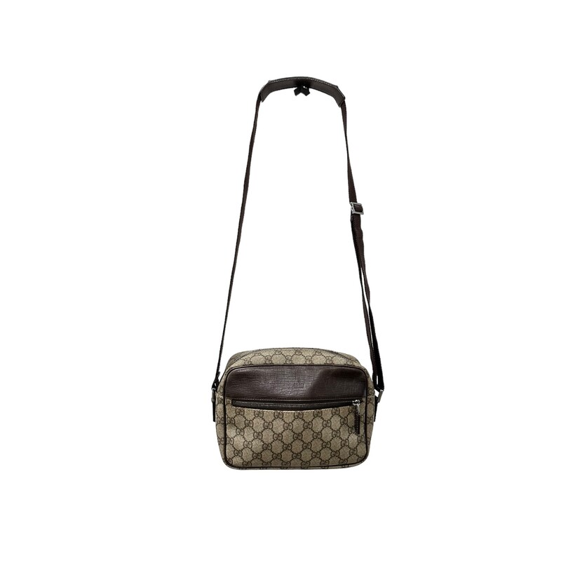 Gucci GG Supreme Front Pocket Crossbody<br />
<br />
Style Code: 114291 002055<br />
<br />
Dimensions:<br />
Base length: 9.50 in<br />
Height: 7.00 in<br />
Width: 2.50 in<br />
Drop: 12.25 in to 0.00 in<br />
<br />
Dust bag included<br />
<br />
Note: Light wear on brown leather trim, sides and top leather by pocket.