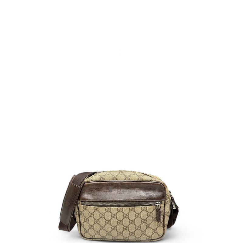 Gucci GG Supreme Front Pocket Crossbody

Style Code: 114291 002055

Dimensions:
Base length: 9.50 in
Height: 7.00 in
Width: 2.50 in
Drop: 12.25 in to 0.00 in

Dust bag included

Note: Light wear on brown leather trim, sides and top leather by pocket.