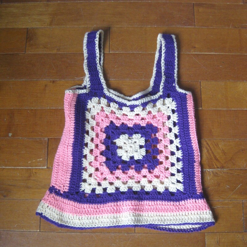 Crochet Tank, Pink, Size: Medium\\Super simple hand crocheted granny square cropped top or vest<br />
in pretty pastels, purple, pink and white<br />
armpit to armpit: 16<br />
width at hem: 19<br />
21.5length: 19<br />
It's stretchy because of the construction, probably handmade with acrylic yarn<br />
This vest is unlined so you will need something underneath<br />
No tags<br />
<br />
thanks for looking!<br />
#77118