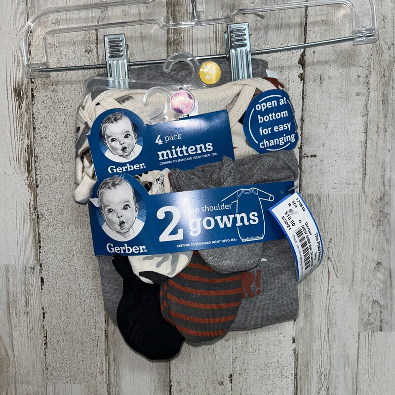 NEW 0/6M 6pk Gown/mittens, Grey, Size: Boy 0-9m