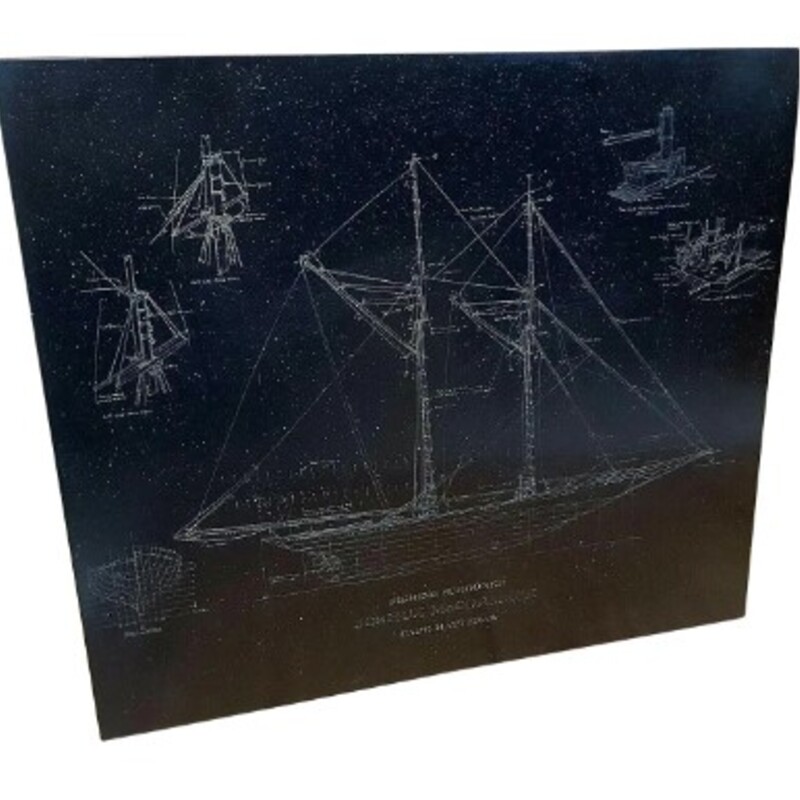 Josh McCormack Slate Schooner Wall Art
Black Slate White Engraving
Size: 25x28H
Engraved slate plaque depicting a boat with its parts, labeled, with detailed areas surrounding main image. Ship Design Diagrams by Joshua McCormack
Vintage 1980s