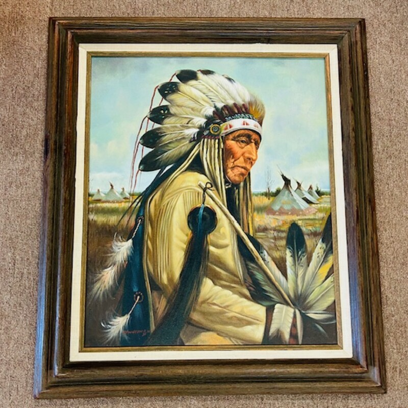 Kenenth Su Native American Cheif Oil Painting in Wood Frame
Brown Blue Tan Size: 27 x 31H
Artist: Kenneth Su