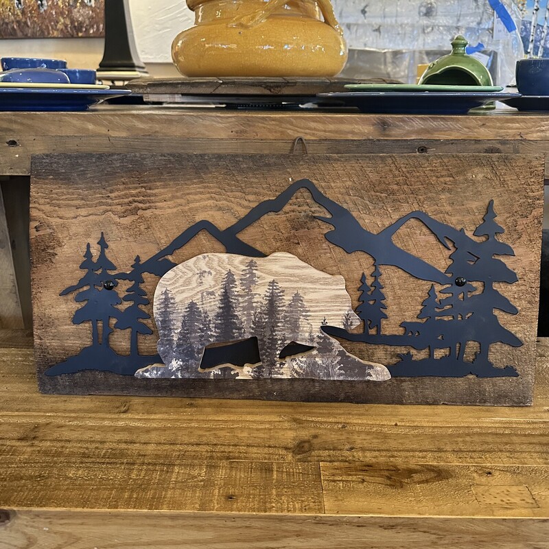 Wood Bear And Iron Mountains on Reclaimed Barnwood

 Size: 23Lx12W