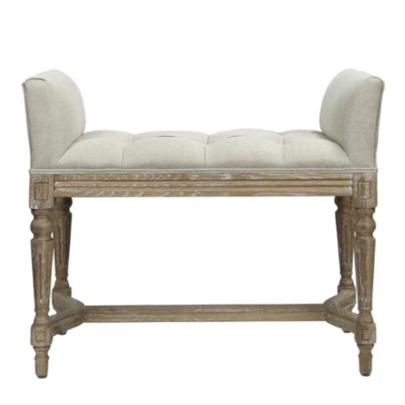 Perscilla Tufted Bench
Cream Tufted Linen on Tan Wood Base
Size: 30x16.5x24H
NEW Retail $920
Place in an entryway for added seating or at the end of a bed. The small bench is cozy for a dressing table or as accent seating.