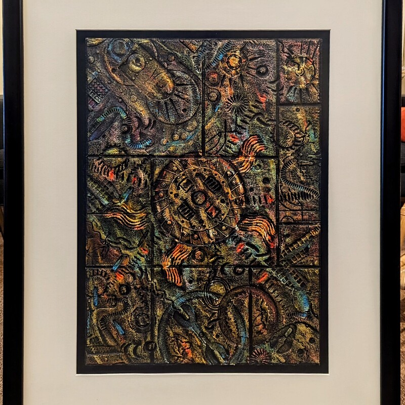 Textured 3D Abstract Oil
Black Green Orange Teal Red in Black Frame
Musuem Quality Glass
Size: 30x37H
As is- Minor Blemish on Left Side of Frame
David McKirdy FL Artist known for Kinetic art that is an optical abstract
Can Be Hung Vertical or Horizontal