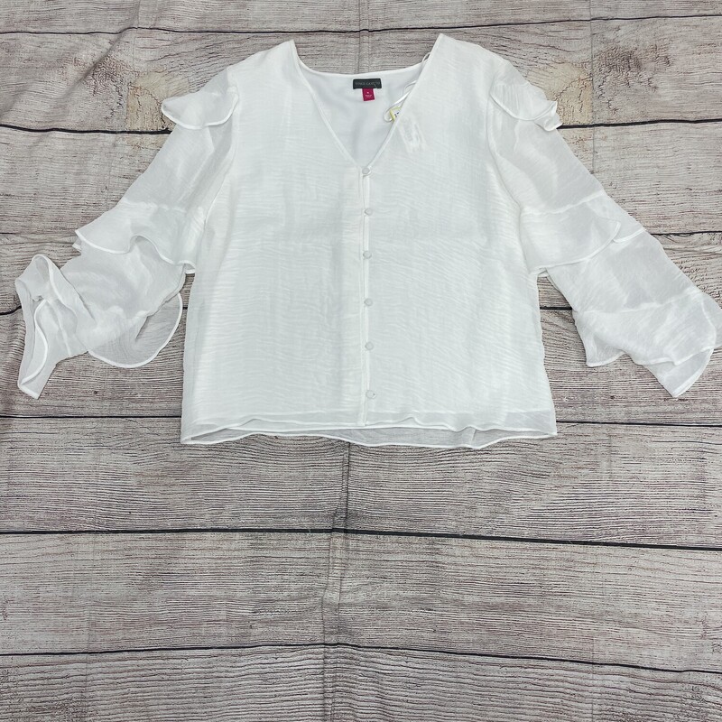 Vince Camuto  White blouse long sleeves with ruffles v neck size medium.