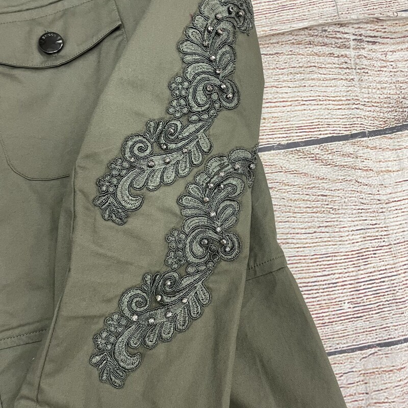 Chicos olive green long sleeve light weight jacket with embroidery flower patch and silver beads on the shoulder button up the front size small