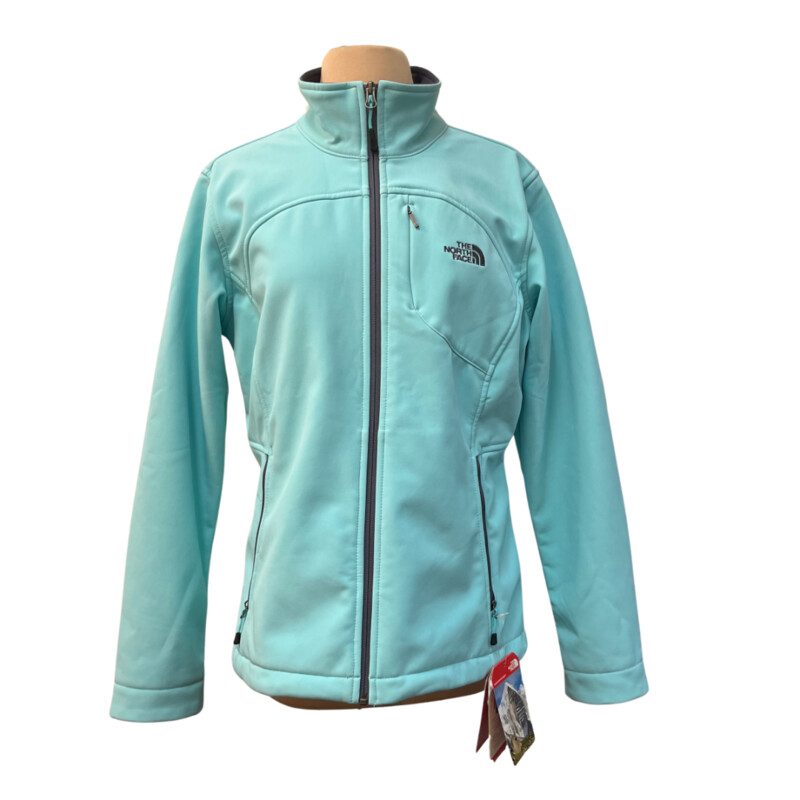 New North Face Apex Bionic Jacket<br />
TNF Apex ClimateBlock<br />
Breathable, Windproof and<br />
Water Resistant<br />
Zip Closure<br />
Zip Pockets<br />
Mint Blue<br />
Size: Large