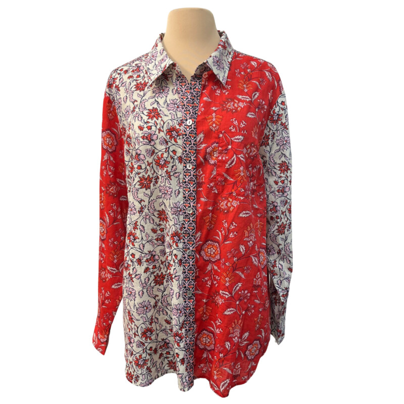 J Jill Floral Shirt<br />
100% Cotton<br />
Red, Cream, Navy and Orange<br />
Size: XL