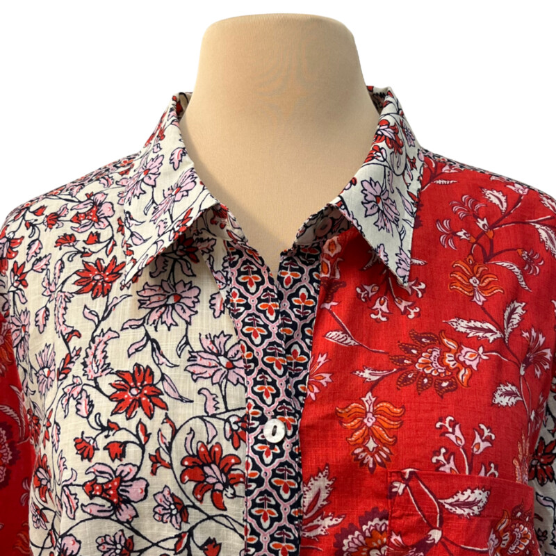 J Jill Floral Shirt<br />
100% Cotton<br />
Red, Cream, Navy and Orange<br />
Size: XL