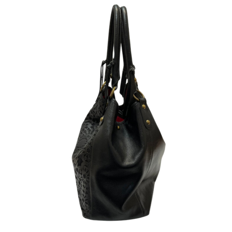 Isabella Fiore Leather Handbag<br />
Lazer Cut Out Pattern<br />
Inside Pockets<br />
Inside Zipper Pocket<br />
Magnetic Closure<br />
Color: Black