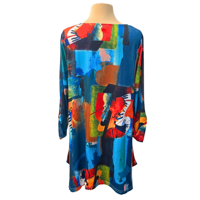 NEW Lior Paris Tunic Top<br />
Musical Backdrop Design<br />
Roll Tab Sleeves<br />
Teal, Red, Yellow and Other Happy Colors<br />
Size: Large