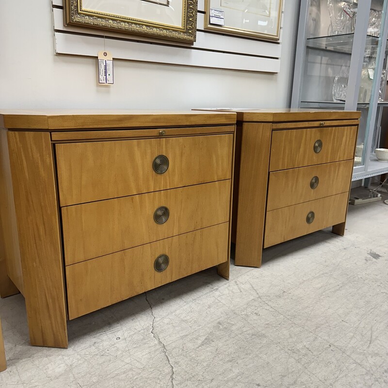 Pair of Charles Pfister Primavera Mahogany Parquetry Top Nightstands,  for Baker Furniture. Sold together as a set of two. In decent condition for their vintage age; some damage on the surface of each. Please see photos.
Size: 30x18x24