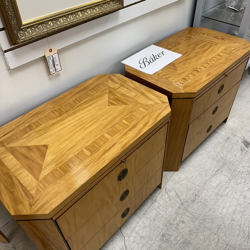 Pair of Charles Pfister Primavera Mahogany Parquetry Top Nightstands,  for Baker Furniture. Sold together as a set of two. In decent condition for their vintage age; some damage on the surface of each. Please see photos.
Size: 30x18x24