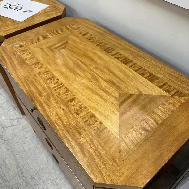 Pair of Charles Pfister Primavera Mahogany Parquetry Top Nightstands,  for Baker Furniture. Sold together as a set of two. In decent condition for their vintage age; some damage on the surface of each. Please see photos.<br />
Size: 30x18x24