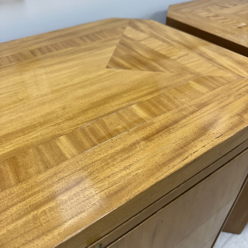 Pair of Charles Pfister Primavera Mahogany Parquetry Top Nightstands,  for Baker Furniture. Sold together as a set of two. In decent condition for their vintage age; some damage on the surface of each. Please see photos.
Size: 30x18x24