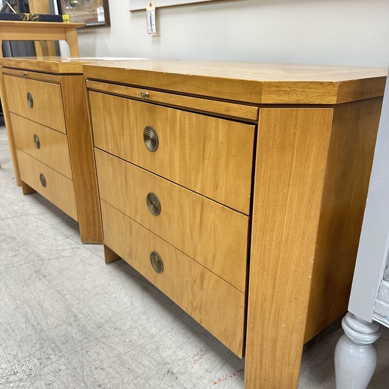 Pair of Charles Pfister Primavera Mahogany Parquetry Top Nightstands,  for Baker Furniture. Sold together as a set of two. In decent condition for their vintage age; some damage on the surface of each. Please see photos.
Size: 30x18x24