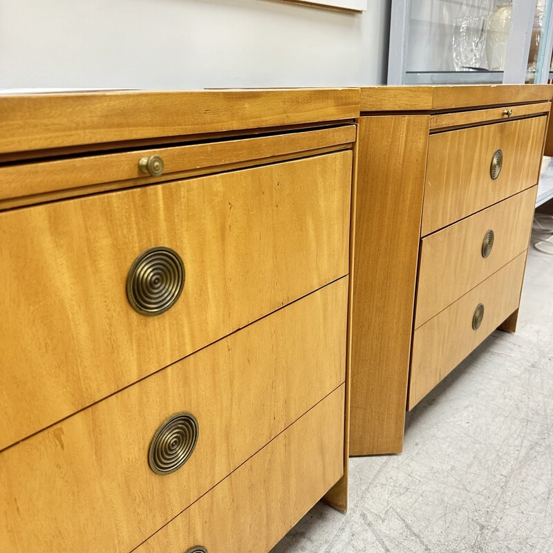 Pair of Charles Pfister Primavera Mahogany Parquetry Top Nightstands,  for Baker Furniture. Sold together as a set of two. In decent condition for their vintage age; some damage on the surface of each. Please see photos.<br />
Size: 30x18x24