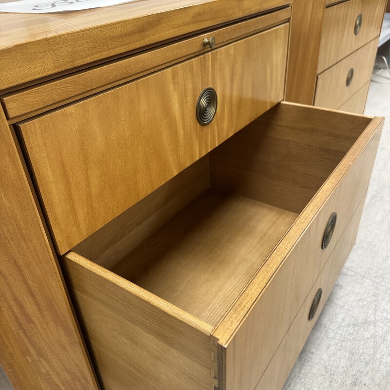 Pair of Charles Pfister Primavera Mahogany Parquetry Top Nightstands,  for Baker Furniture. Sold together as a set of two. In decent condition for their vintage age; some damage on the surface of each. Please see photos.<br />
Size: 30x18x24