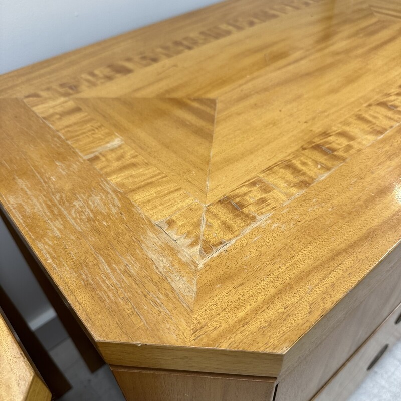 Pair of Charles Pfister Primavera Mahogany Parquetry Top Nightstands,  for Baker Furniture. Sold together as a set of two. In decent condition for their vintage age; some damage on the surface of each. Please see photos.
Size: 30x18x24