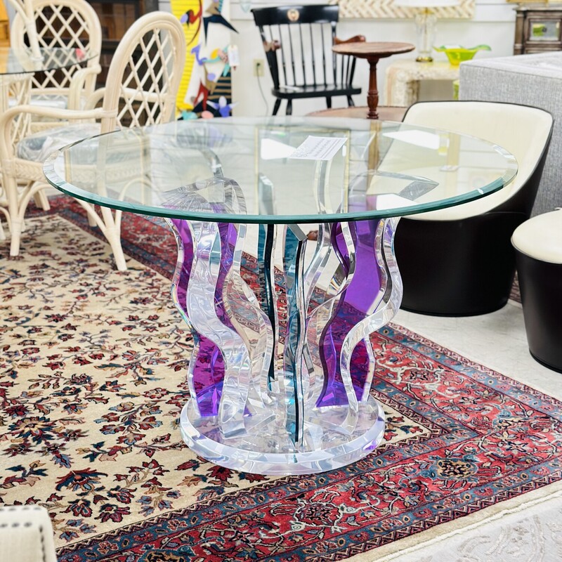 Arcylic Base/Glass Top  Dining Table - an eye catching piece! Originally purchased from Muniz Plastics, Inc in Miami, FL for $3,400.
Size: 46in wide