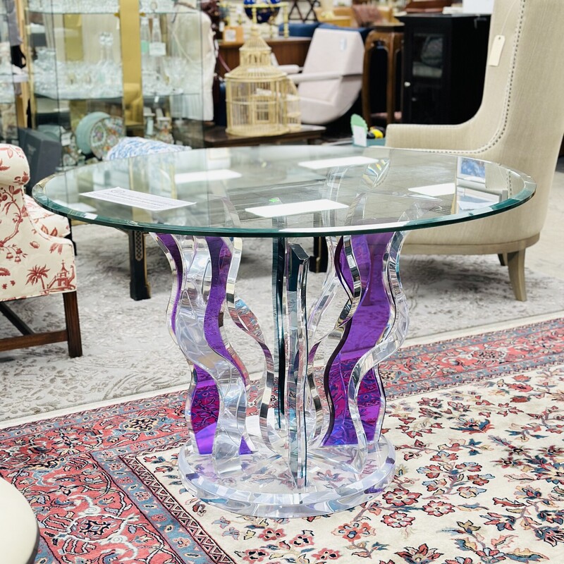 Arcylic Base/Glass Top  Dining Table - an eye catching piece! Originally purchased from Muniz Plastics, Inc in Miami, FL for $3,400.<br />
Size: 46in wide