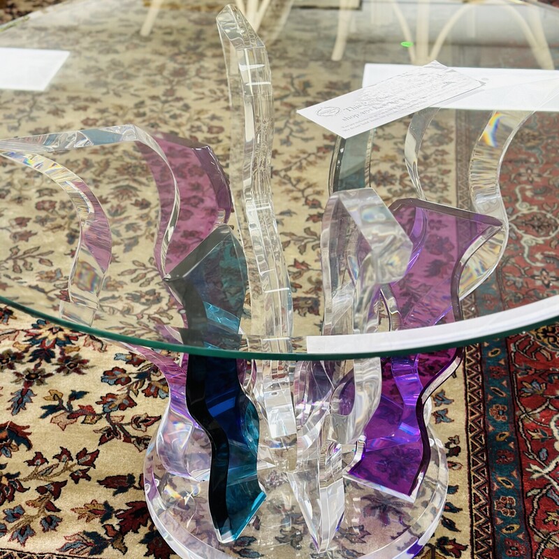 Arcylic Base/Glass Top  Dining Table - an eye catching piece! Originally purchased from Muniz Plastics, Inc in Miami, FL for $3,400.
Size: 46in wide