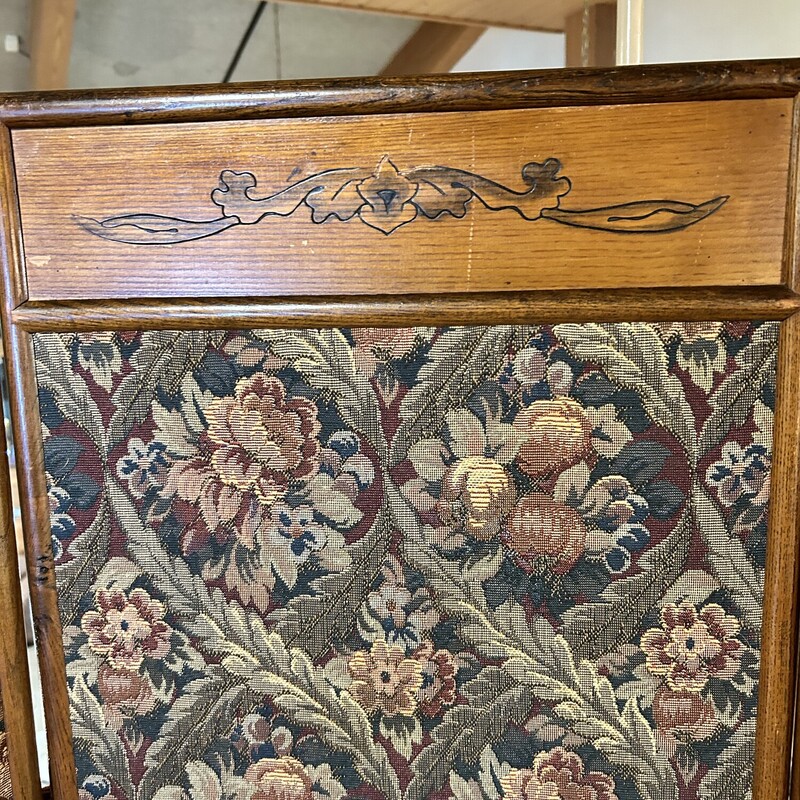 Tapestry Pivacy Screen,
 Size: 54x65
This screen is bordered in oak with a design carved into each panel.  The tapestry is in excellent condition and is primarily blue with a floral design.  It is very sturdy yet ligt enough to move by yourself.