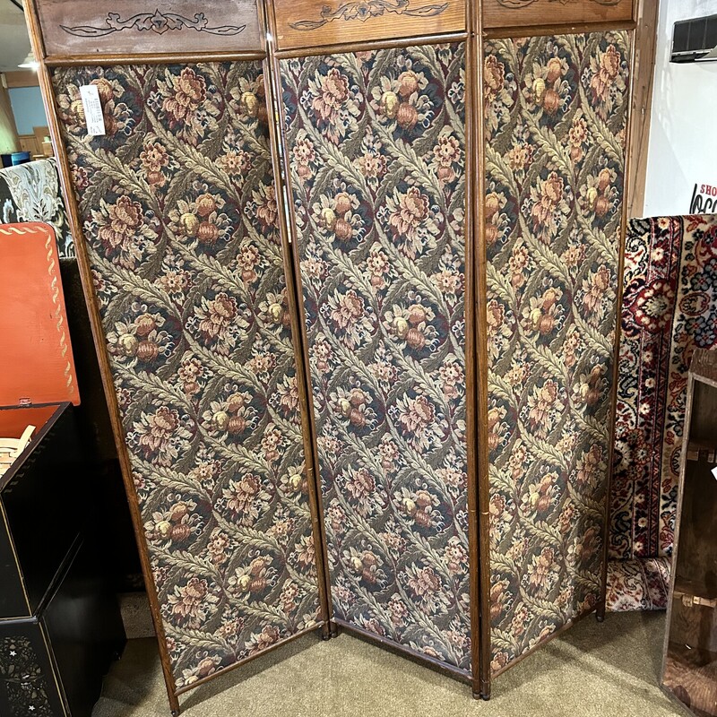 Tapestry Pivacy Screen,
 Size: 54x65
This screen is bordered in oak with a design carved into each panel.  The tapestry is in excellent condition and is primarily blue with a floral design.  It is very sturdy yet ligt enough to move by yourself.