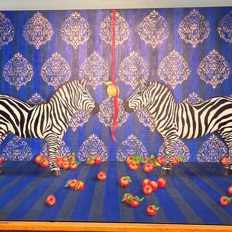 2 Zebras & Apples Modern, Painting, Canvas
60in x 45in