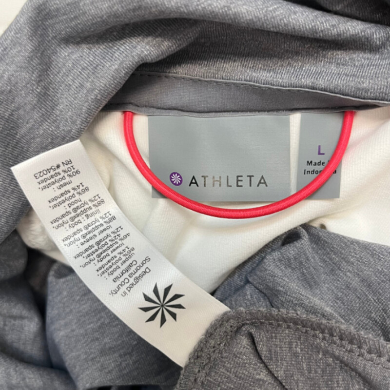 Athleta Quick Step Runners Reflective Jacket<br />
Zip up, reflective stripe, adjustable hood that can be hidden, inner and outer pockets, adjustable crop layer, sleeve over hand with thumb hole, air mesh on sleeves.<br />
Colors: White & Gray<br />
Size: Large